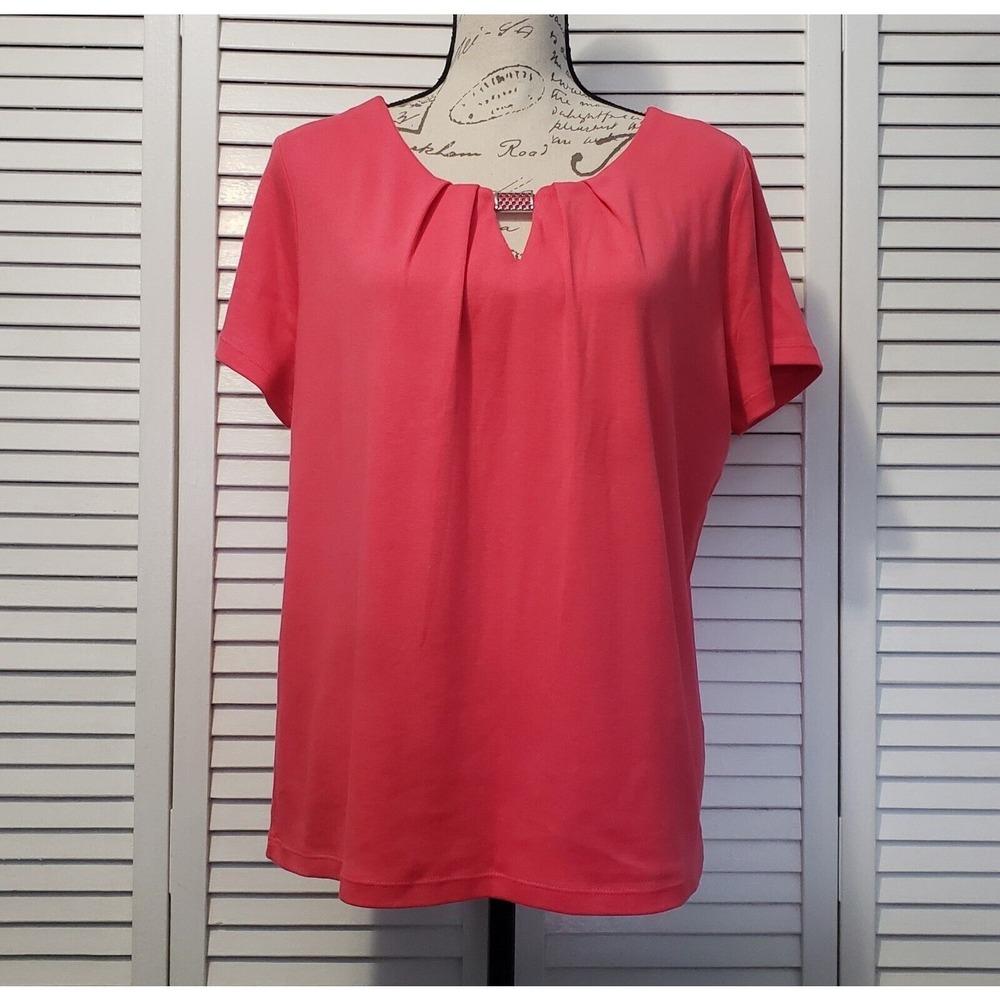 Rafaella Short Sleeve Blouse Women's Large Petite Coral Pleated Neckline Top